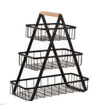 Compact 3-Level Open Wire Home Storage Rack With Wooden Handle - Black