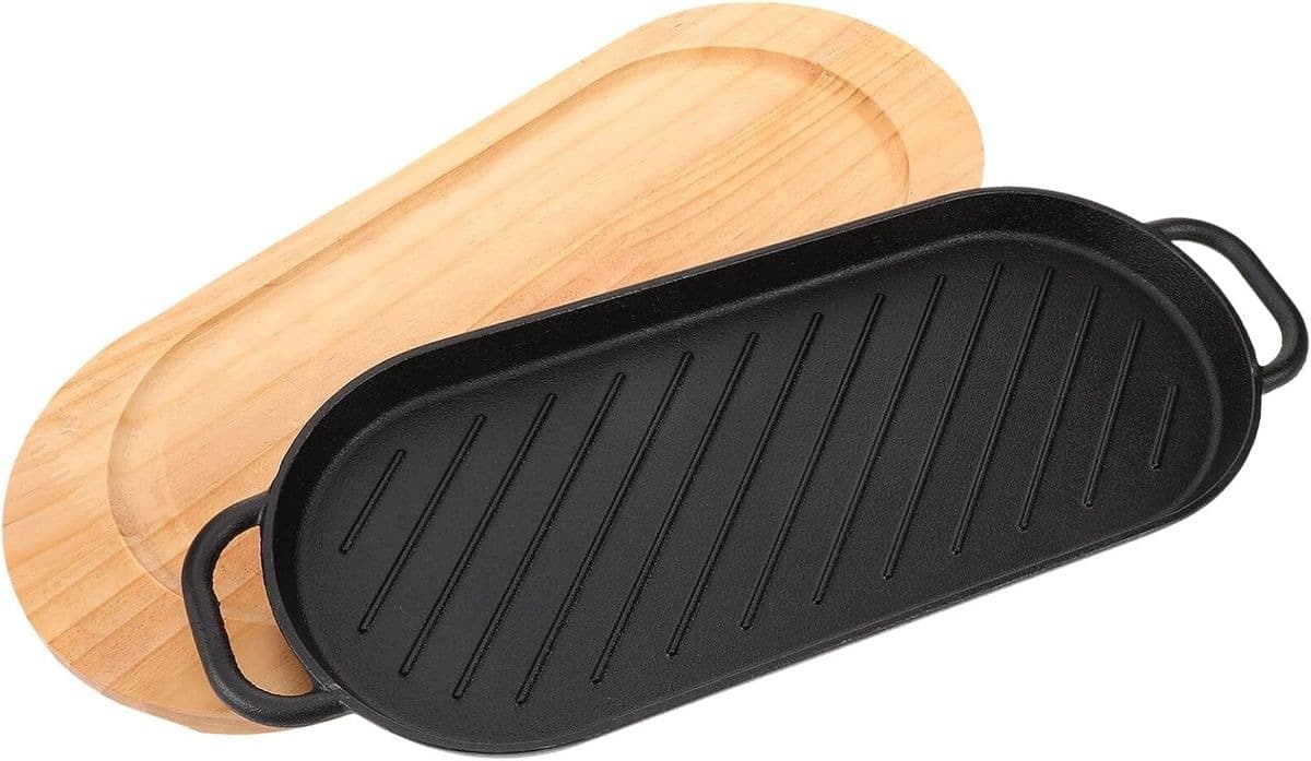 Cast Iron Steak Plate with Wooden Tray – Durable Grill Pan
