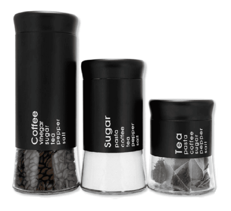 Set of 3 Sugar, Tea, and Coffee Round Glass Jar Container Stainless Steel - Black