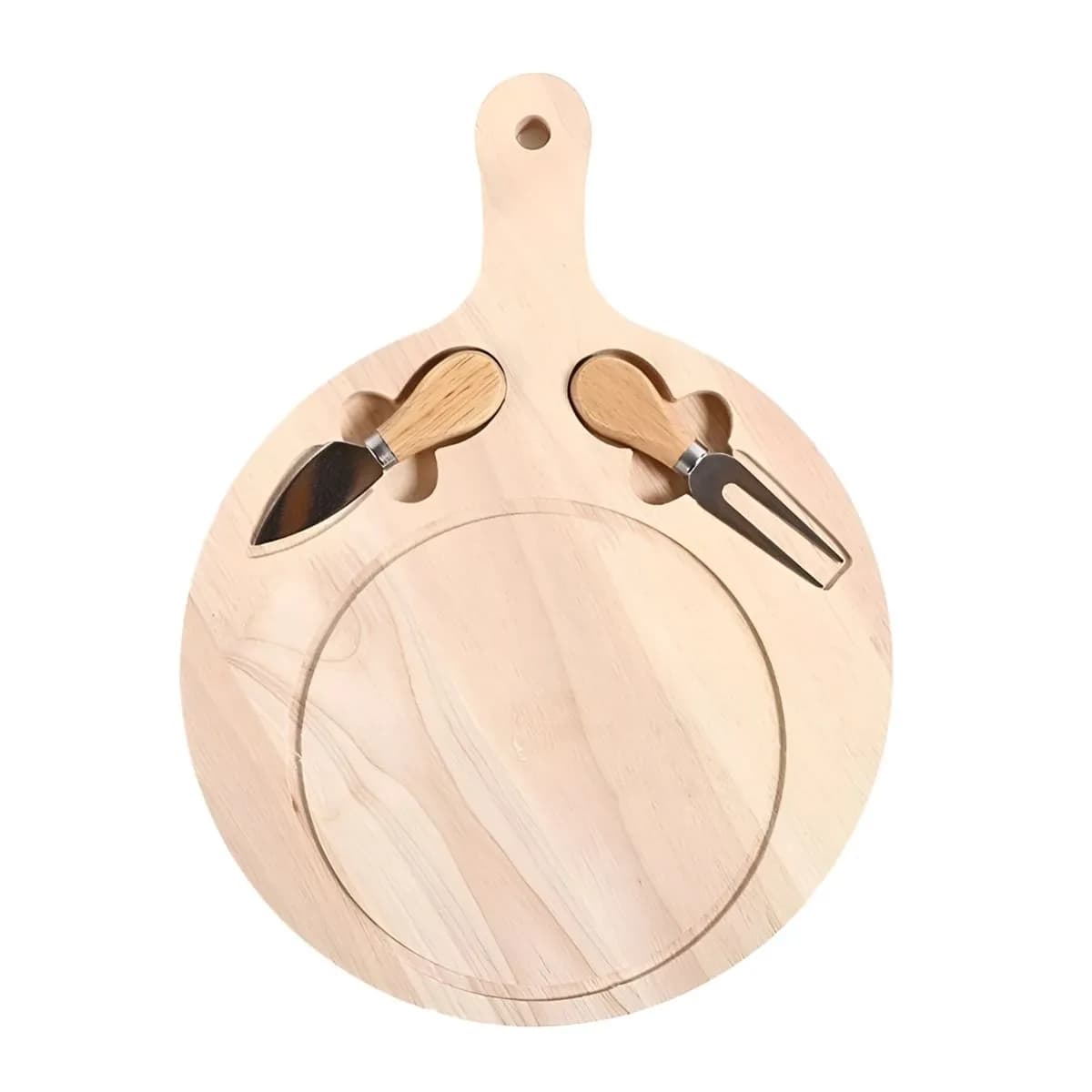 Multipurpose Circular Cutting And Serving Wooden Board With Knife And Fork
