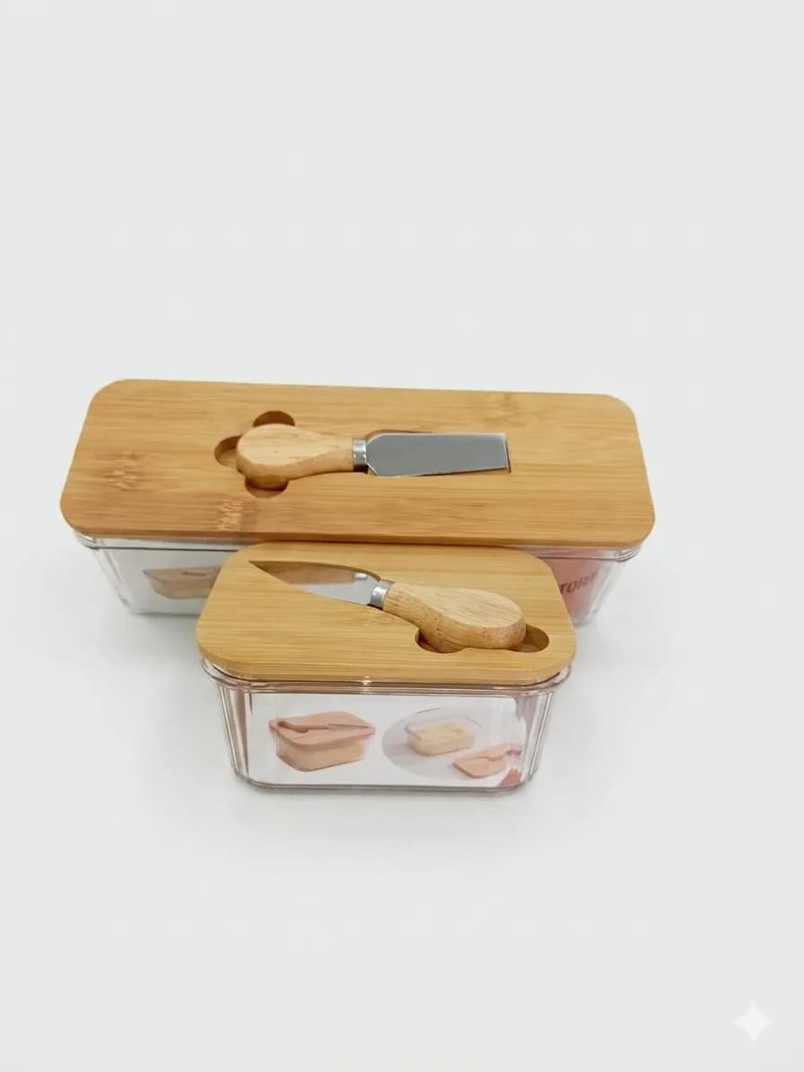 Transparent Plastic Butter Box With Wooden Lid - Pack of 2
