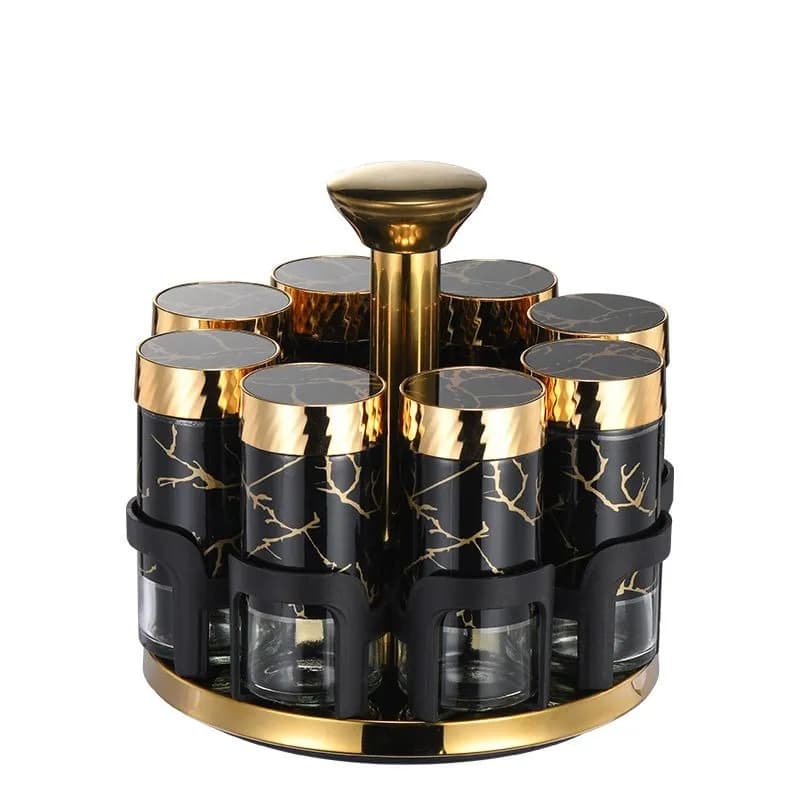 Rotating Spice Rack Set - 8 Gold Marble Spice Jars with Stand - Black, Gold