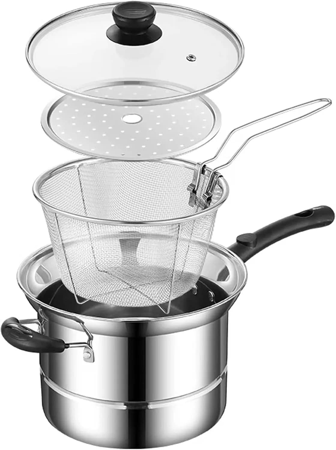 2 in 1 Chip Pan Fryer Wire Basket with Lid Round Fryer Basket DEEP Wire Strainer with Handle