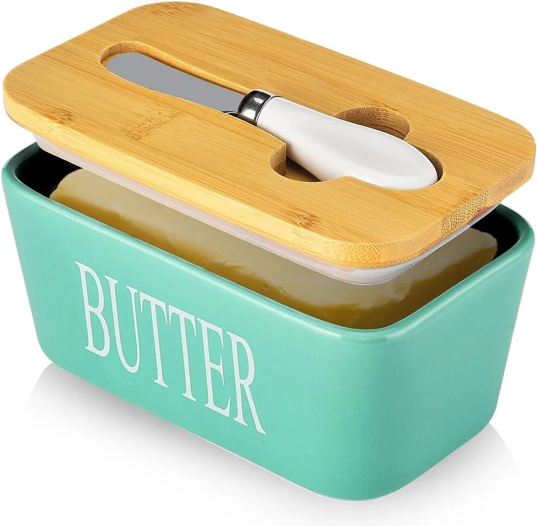 Ceramic Butter Dish with Bamboo Lid & Built-in Stainless Steel Butter Knife