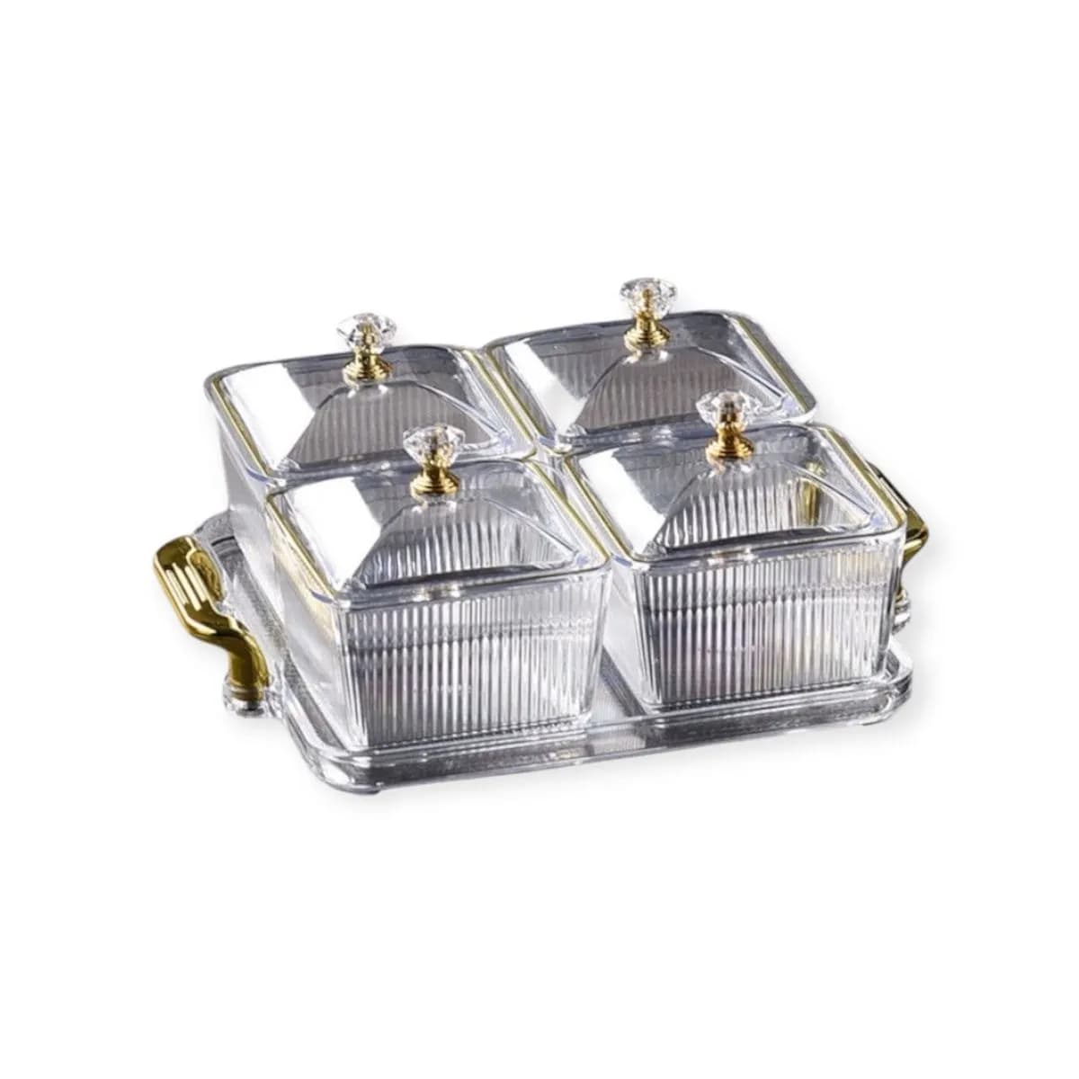 4 Grid Clear Snack Plastic Serving Platter with Gold Rim & Lid