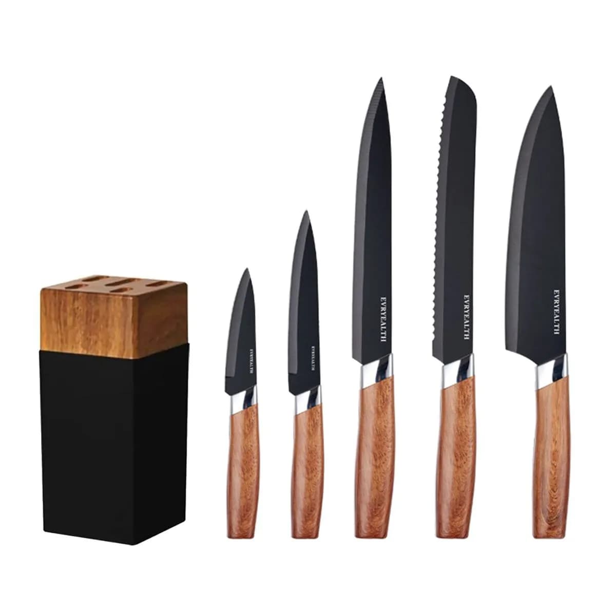 7 Piece Kitchen Knife Set With Block, Stainless Steel Blades Ergonomic Handles - Black