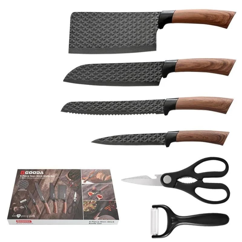 6 Piece Knife Set with Scissors and Peeler in Black and Brown